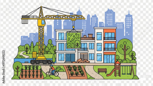 Sustainable Urban Development: Green Building Construction, Modular Housing, and Eco-Friendly City Planning with Urban Farming and Parks.