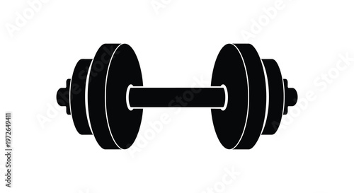 A stark black silhouette of a standard barbell with circular weights on each side isolated on white background silhouette