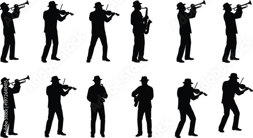 Jazz band silhouettes, musicians playing trumpet violin saxophone, black silhouettes performers, music concert concept, isolated figures, artistic illustration, ensemble performance