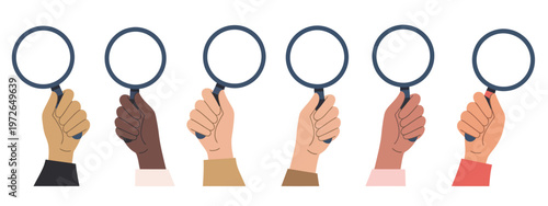 Search and analysis concept icon, hands holding a magnifying glass, cartoon flat PNG illustration representing observation, examination, research, and discovery for websites and apps.