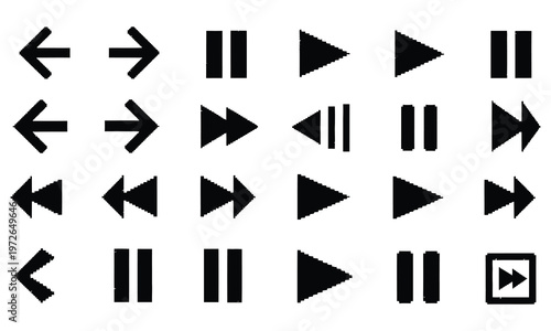 Collection of black arrow icons play pause fast forward rewind and directional silhouettes