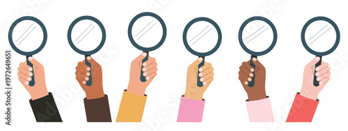 Research and discovery vector, hand with optical tool magnifying glass, flat cartoon illustration suitable for analysis, investigation, and digital interface design projects.