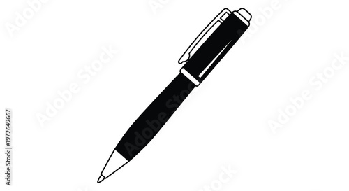 A stark black and white illustration depicts a ballpoint pen angled diagonally against a white background silhouette