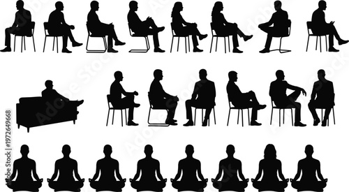 People sitting silhouettes set, business meeting, interview poses, meditation yoga figures, black isolated collection, human postures, professional lifestyle illustration