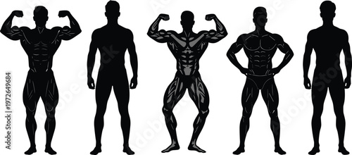 Silhouette of muscular bodybuilders flexing muscles on transparent background.