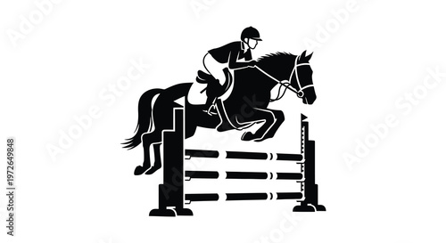 A dynamic black silhouette captures a skilled equestrian and horse clearing a jump during a competition silhouette