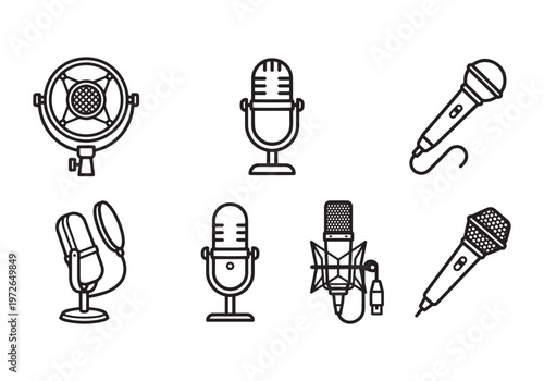 Collection of diverse microphone icons, featuring vintage, modern, and studio condenser designs, perfect for audio recording, podcasting,