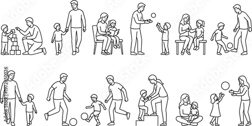 Father and child activities set with playing teaching walking and bonding moments family lifestyle line art vector illustration.eps