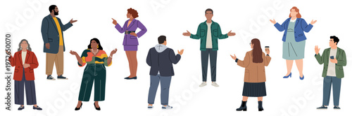 Set of diverse individuals gesture expressively, facing forward. Each person shows unique style, posture, and attitude. They appear cheerful, engaged, or inviting with open hands