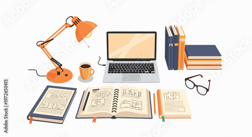 Flat lay of a laptop, books, notebooks, glasses, and office supplies on a white background with a warm and organized mood.
