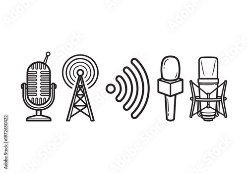 Collection of five distinct line art icons representing audio broadcasting and communication, including vintage and modern microphones, a radio tower, and signal waves,