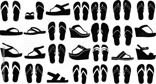 Collection of black flip-flops and sandals on a transparent background.