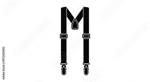 A simple black silhouette of a pair of suspenders displaying classic straps and metal clips silhouette high quality