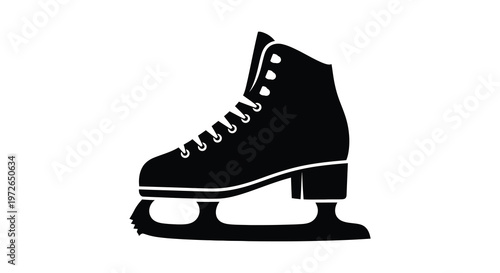 A stark black image showcases a single ice skate emphasizing its form and details as a silhouette