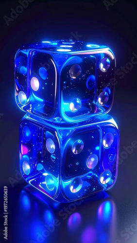 Two stacked, transparent dice glowing bright blue and purple on a dark background