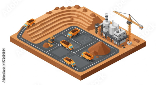 Heavy Construction Site Machinery Excavators Dump Trucks Crane.