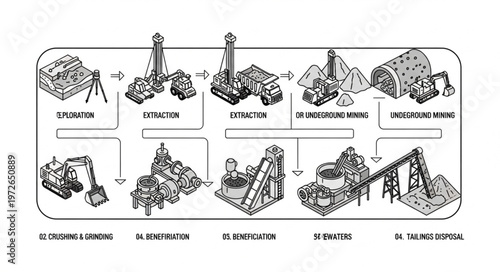 Diagram of open pit mining equipment and excavation stages.