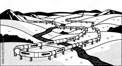 Elevated industrial pipeline crossing rolling hills landscape.