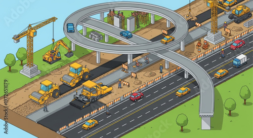 Elevated highway interchange overpass under active construction.