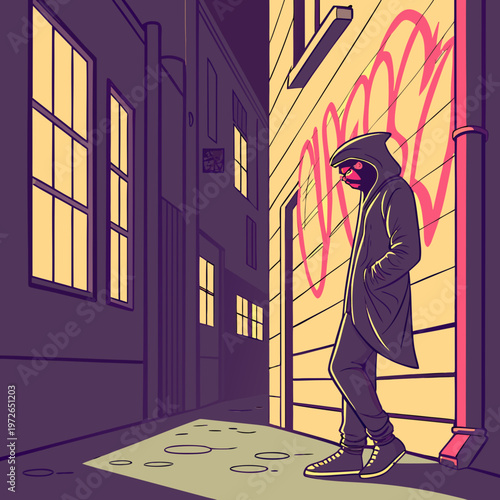 Mysterious person in hoodie leaning on graffiti wall in dark alley