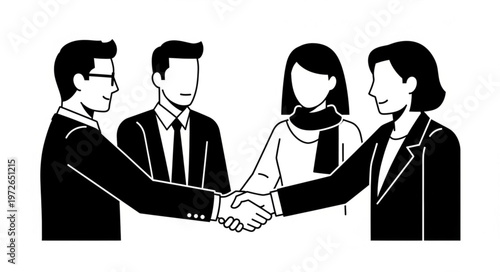 Four business professionals shaking hands in agreement.