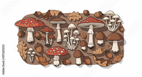 Illustration of various mushrooms and fungi growing on a log with leaves and twigs in a forest floor scene.