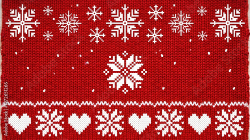 Festive Red Knit Christmas Sweater Pattern Photo Featuring Snowflakes Hearts and Reindeer