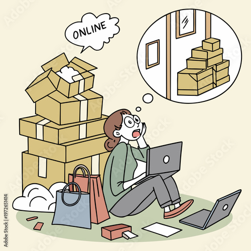 Illustration of woman surprised by huge pile of online shopping delivery boxes and packages with shopping bags with retail therapy with delivery service