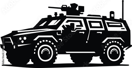 Armored military vehicle silhouette tactical transport with machine vector illustration for defense and security concepts isolated on white background