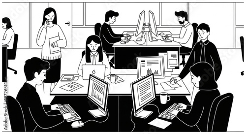 Group of office workers collaborating at shared desks.