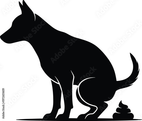 Dog silhouette squatting position, pet relieving itself illustration, humorous animal artwork, pet care cleanliness concept, black shape drawing