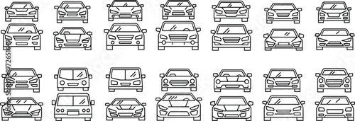 Car front view illustration grid, automobile design variations, headlights grille bumper artwork, stylized vehicle drawing, automotive aesthetics comparison