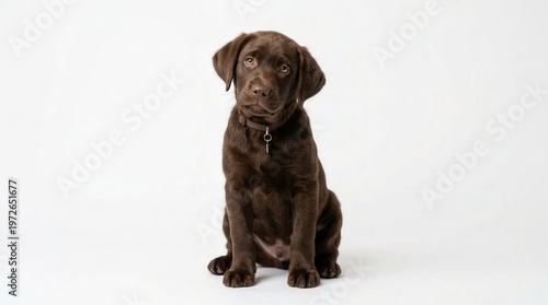 Cute Labrador Retriever Puppy Sitting Against Plain White Background - Adorable Family Pet Photo