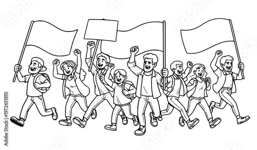 A black and white illustration of a group of people marching with flags
