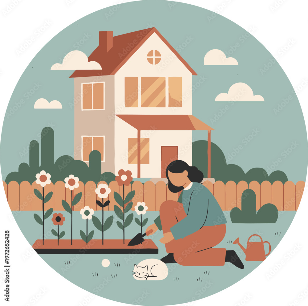 Naklejka premium person gardening in front of a house with flowers