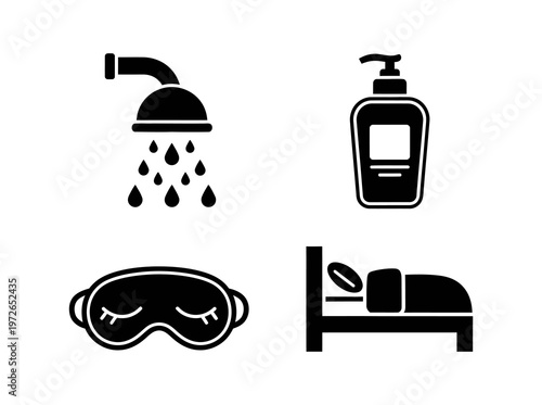 Collection of icons representing morning routine shower, soap dispenser, sleeping mask, and bed with person