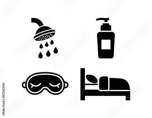 Collection of graphic vector icons illustrating essential elements of a relaxing evening and nightly self-care routine, featuring shower, lotion, sleep mask, and bed for healthy lifestyle concepts