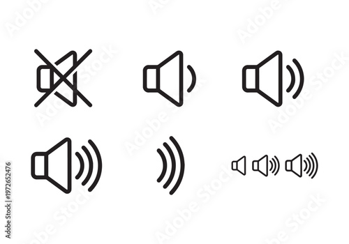 Collection of minimalist line art icons representing different sound volume levels, from mute to loud, presented in a clean, modern, and easily understandable visual format for digital interfaces
