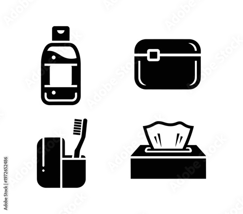 Essential Personal Care and Hygiene Product Icons A collection of stylized vector graphics representing daily toiletries and grooming accessories for home and travel
