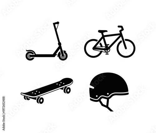 Vector icon set of modern personal transport and safety. Features scooter, bicycle, skateboard, and helmet, representing active urban mobility and recreational activities