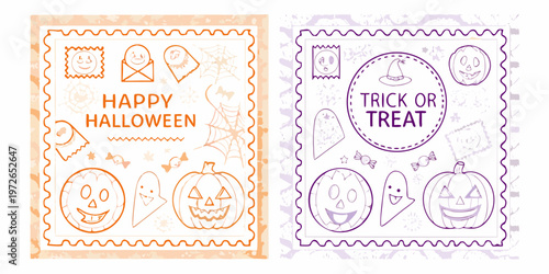 Two illustrated halloween postcards with spooky designs and text
