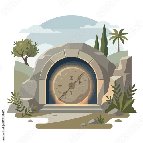 Illustration of an empty tomb on Coptic Holy Saturday with a clock in a minimalist flat design, symbolizing Easter vigil and resurrection eve with a solemn mood, against a natural landscape