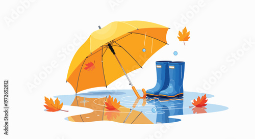 Illustration of a yellow umbrella and blue rain boot standing in a puddle with fallen leaves on a white background.