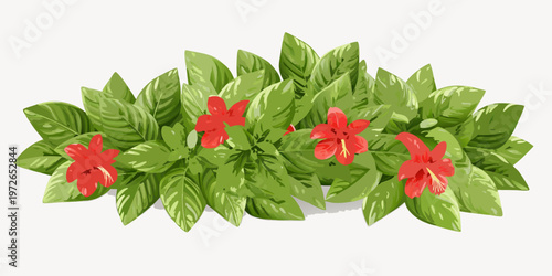 A vibrant illustration of red flowers with lush green foliage