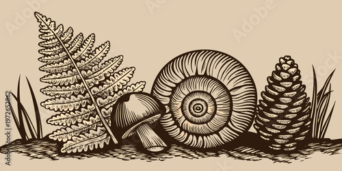 Vintage botanical illustration featuring ferns mushrooms and a nautilus shell
