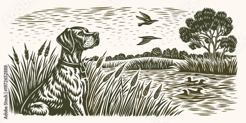 A vintage style illustration of a hunting dog observing birds in nature