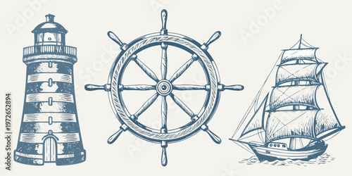 Vintage nautical illustration featuring a lighthouse ship s wheel and sailing ship