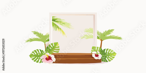 Tropical display stand with palm leaves and hibiscus flowers blank backdrop
