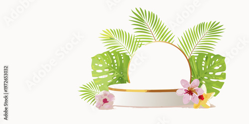 Tropical leaves and a white pedestal create a decorative frame