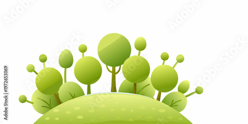 A stylized illustration of green trees and a rolling hill